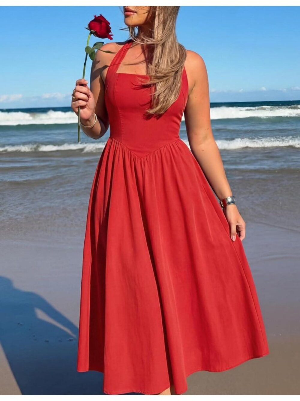 Women's Summer Sleeveless Halter Red Midi Dress Off Shoulder Flowy Long Dress - Picture 2 of 6